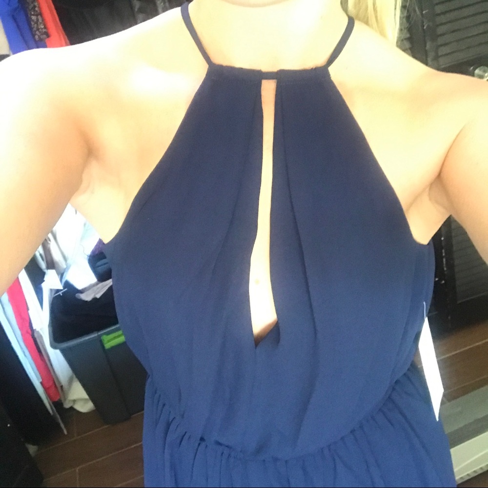 Tie navy halter romper deep V in backs and front